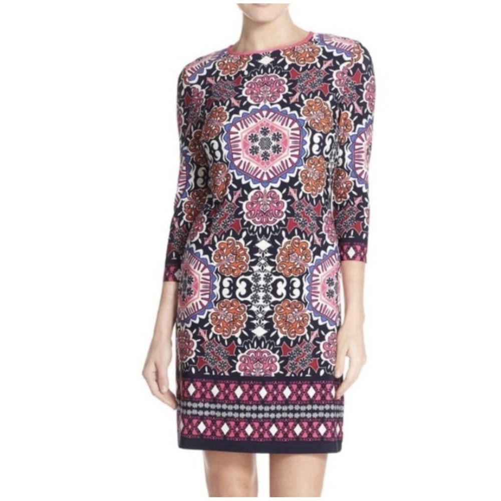 Eliza Colorful Geometric Printed Jersey Shift Dress 10 Petite Coastal Preppy